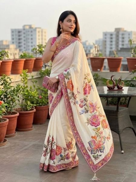 Flawless White Designer Chinon Saree with Print  Mirror and Sequin Work For Party Printed Cotton Sarees Wholesale