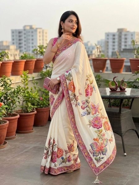 Flawless White Designer Chinon Saree with Print  Mirror and Sequin Work For Party Printed Cotton Sarees Wholesale