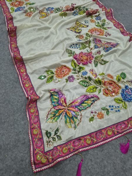Flawless White Designer Chinon Saree with Print  Mirror and Sequin Work For Party Printed Cotton Sarees Wholesale