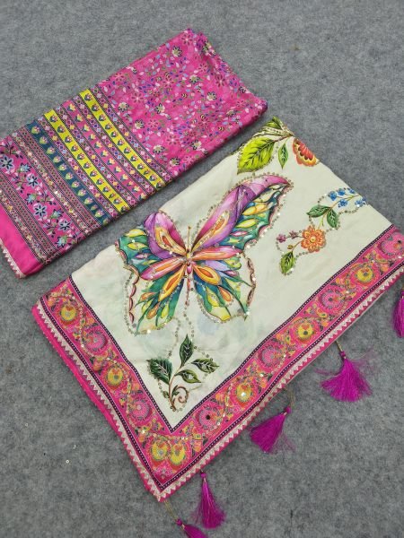 Flawless White Designer Chinon Saree with Print  Mirror and Sequin Work For Party Printed Cotton Sarees Wholesale