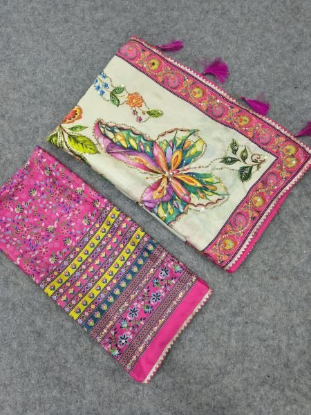 Flawless White Designer Chinon Saree with Print  Mirror and Sequin Work For Party Printed Cotton Sarees Wholesale