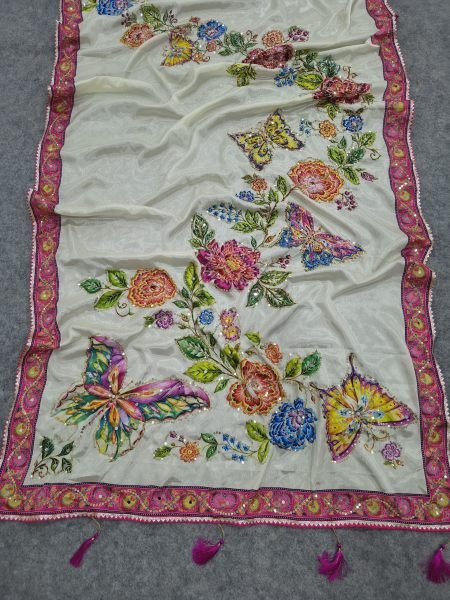 Flawless White Designer Chinon Saree with Print  Mirror and Sequin Work For Party Printed Cotton Sarees Wholesale