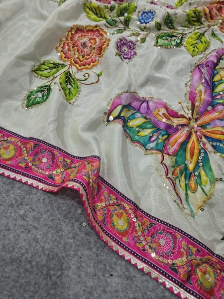 Flawless White Designer Chinon Saree with Print  Mirror and Sequin Work For Party Printed Cotton Sarees Wholesale
