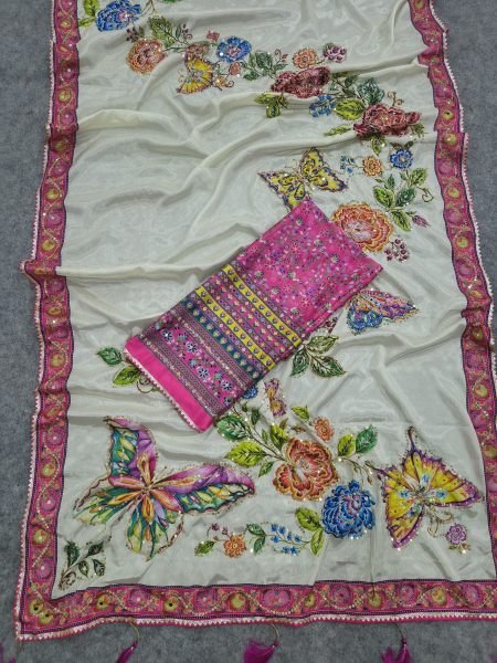 Flawless White Designer Chinon Saree with Print  Mirror and Sequin Work For Party Printed Cotton Sarees Wholesale