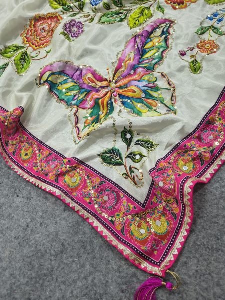 Flawless White Designer Chinon Saree with Print  Mirror and Sequin Work For Party Printed Cotton Sarees Wholesale