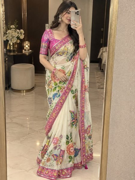 Flawless White Designer Chinon Saree with Print  Mirror and Sequin Work For Party Printed Cotton Sarees Wholesale