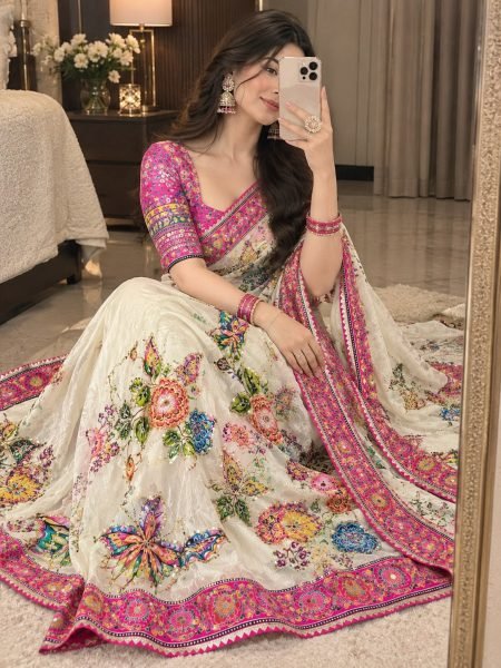 Flawless White Designer Chinon Saree with Print  Mirror and Sequin Work For Party Printed Cotton Sarees Wholesale