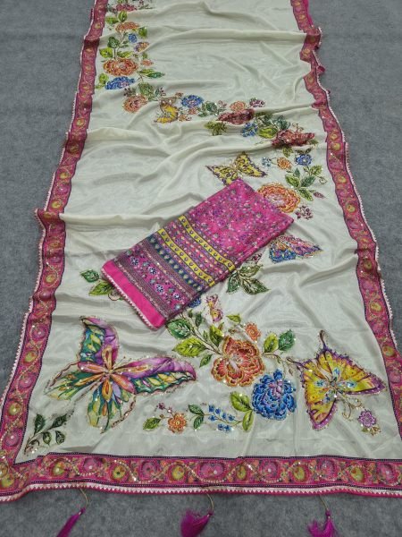 Flawless White Designer Chinon Saree with Print  Mirror and Sequin Work For Party Printed Cotton Sarees Wholesale