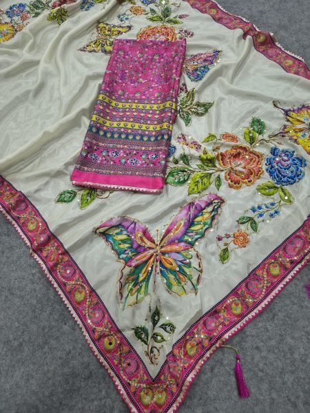 Flawless White Designer Chinon Saree with Print  Mirror and Sequin Work For Party Printed Cotton Sarees Wholesale