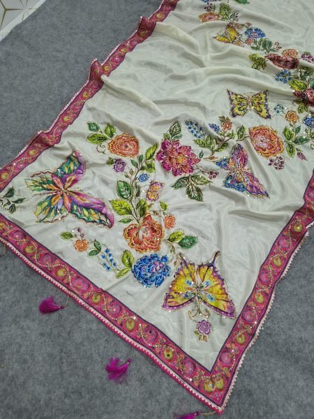 Flawless White Designer Chinon Saree with Print  Mirror and Sequin Work For Party Printed Cotton Sarees Wholesale