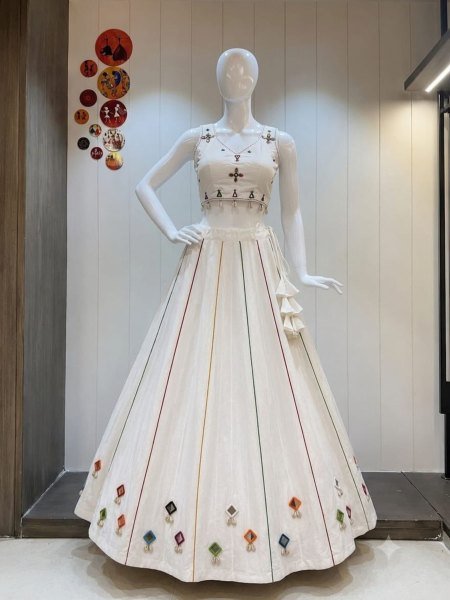 Flawless White Navratri Rayon Cotton Lehenga Choli with Heavy Piping Lace  Lehenga