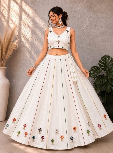 Flawless White Navratri Rayon Cotton Lehenga Choli with Heavy Piping Lace Navratri Lehnega Choli