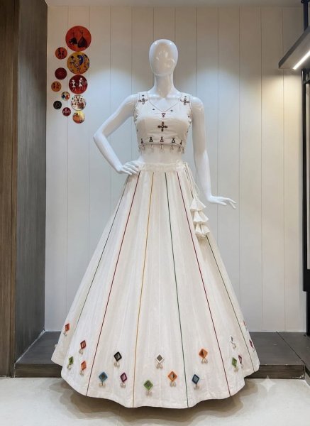 Flawless White Navratri Rayon Cotton Lehenga Choli with Heavy Piping Lace Navratri Lehnega Choli
