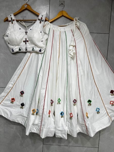 Flawless White Navratri Rayon Cotton Lehenga Choli with Heavy Piping Lace Navratri Lehnega Choli