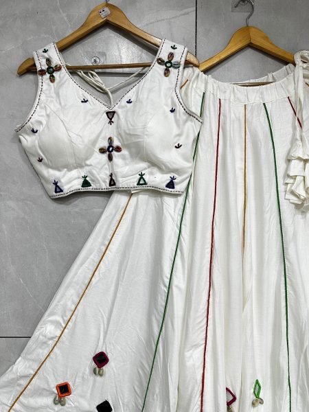 Flawless White Navratri Rayon Cotton Lehenga Choli with Heavy Piping Lace Navratri Lehnega Choli
