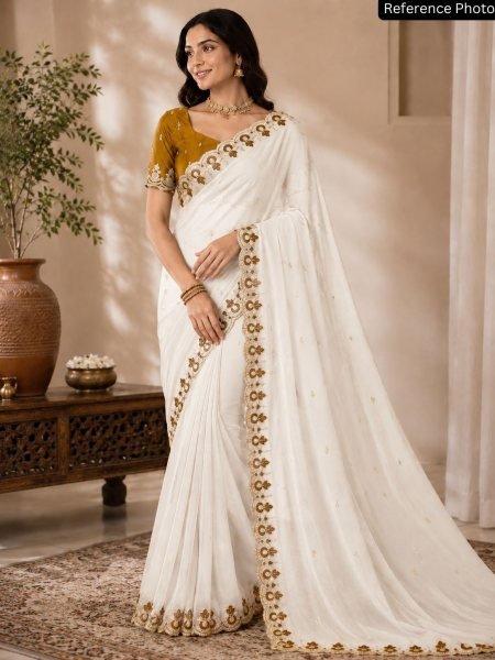 Flawless White Premium Georgette Saree for Festive and Traditional Events 