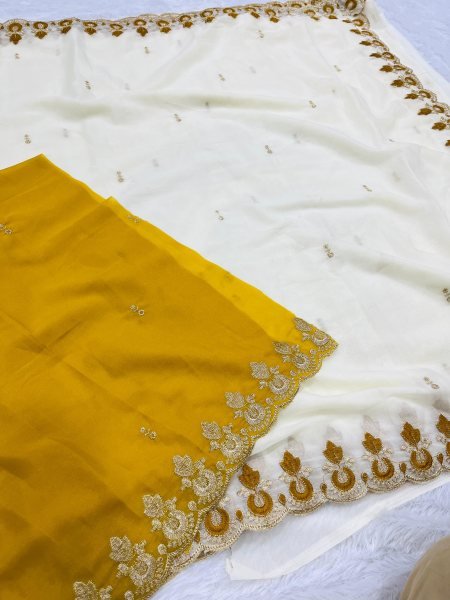 Flawless White Premium Georgette Saree for Festive and Traditional Events Georgette Sarees Wholesale
