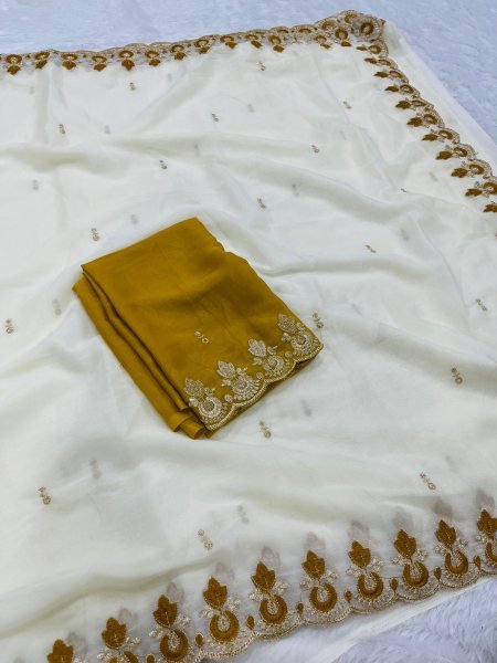 Flawless White Premium Georgette Saree for Festive and Traditional Events Georgette Sarees Wholesale
