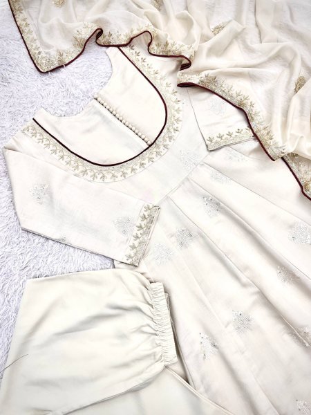 Flawless White Roman Cotton Anarkali Gown Pant Dupatta Set with Sequins Work For Special Occasions Ready To Wear Collection