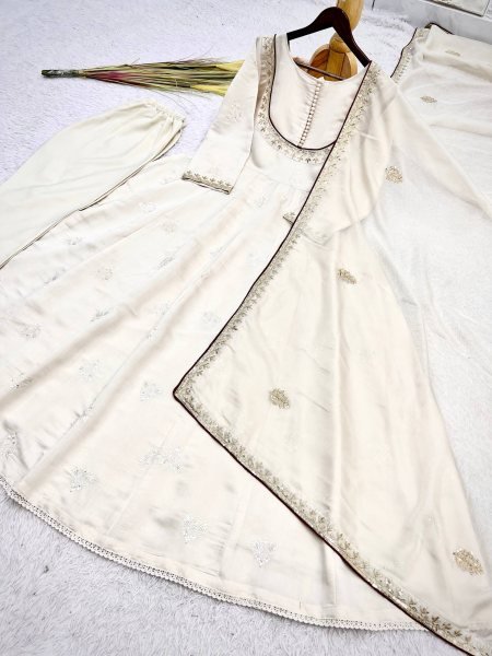 Flawless White Roman Cotton Anarkali Gown Pant Dupatta Set with Sequins Work For Special Occasions Ready To Wear Collection