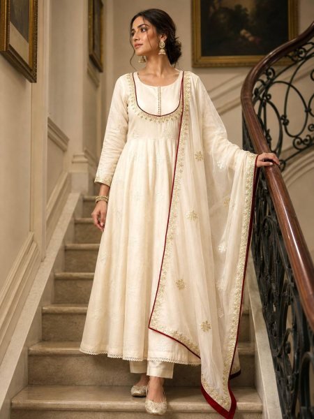 Flawless White Roman Cotton Anarkali Gown Pant Dupatta Set with Sequins Work For Special Occasions Ready To Wear Collection