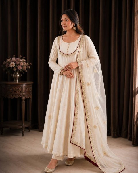 Flawless White Roman Cotton Anarkali Gown Pant Dupatta Set with Sequins Work For Special Occasions Ready To Wear Collection