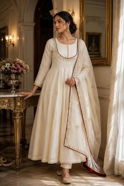 Flawless White Roman Cotton Anarkali Gown Pant Dupatta Set with Sequins Work For Special Occasions Ready To Wear Collection