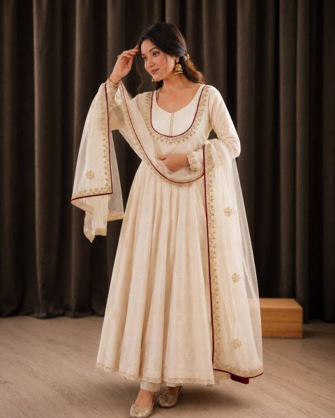 Flawless White Roman Cotton Anarkali Gown Pant Dupatta Set with Sequins Work For Special Occasions Ready To Wear Collection