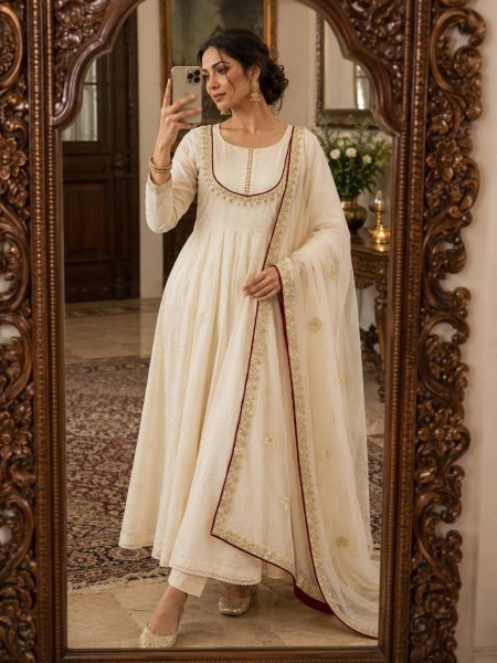 Flawless White Roman Cotton Anarkali Gown Pant Dupatta Set with Sequins Work For Special Occasions Ready To Wear Collection