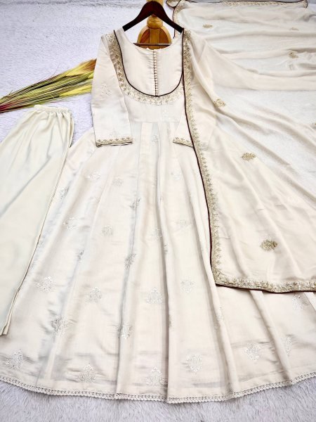 Flawless White Roman Cotton Anarkali Gown Pant Dupatta Set with Sequins Work For Special Occasions Ready To Wear Collection