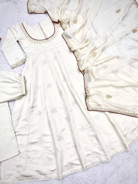 Flawless White Roman Cotton Anarkali Gown Pant Dupatta Set with Sequins Work For Special Occasions Ready To Wear Collection