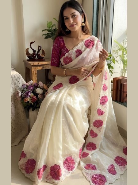 Flawless White Space Silk Saree with Applique and Pink Sequins Embroidery Work
