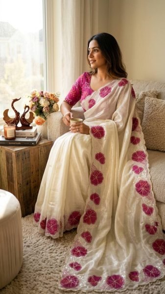 Flawless White Space Silk Saree with Applique and Pink Sequins Embroidery Work Silk Sarees Wholesale