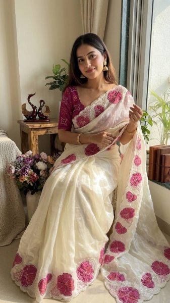 Flawless White Space Silk Saree with Applique and Pink Sequins Embroidery Work Silk Sarees Wholesale