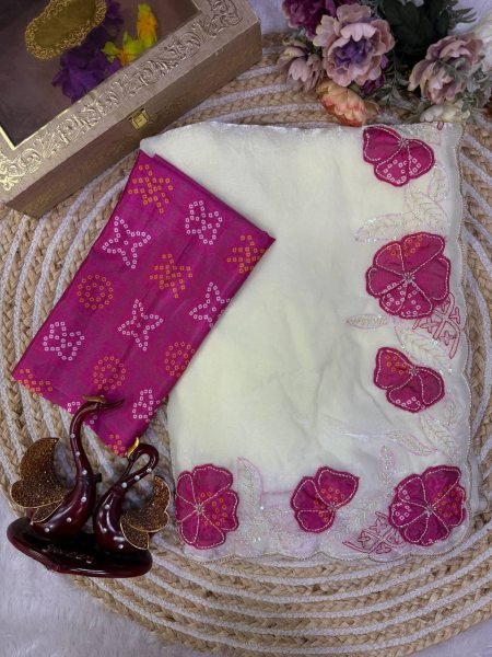 Flawless White Space Silk Saree with Applique and Pink Sequins Embroidery Work Silk Sarees Wholesale