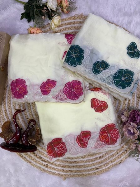 Flawless White Space Silk Saree with Applique and Pink Sequins Embroidery Work Silk Sarees Wholesale