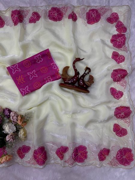 Flawless White Space Silk Saree with Applique and Pink Sequins Embroidery Work Silk Sarees Wholesale