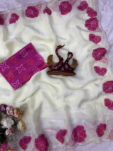 Flawless White Space Silk Saree with Applique and Pink Sequins Embroidery Work Silk Sarees Wholesale