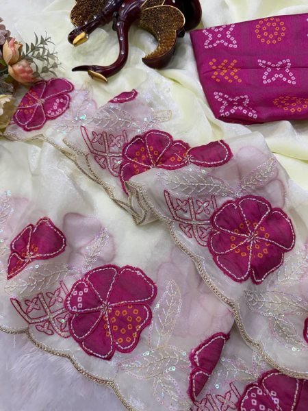 Flawless White Space Silk Saree with Applique and Pink Sequins Embroidery Work Silk Sarees Wholesale