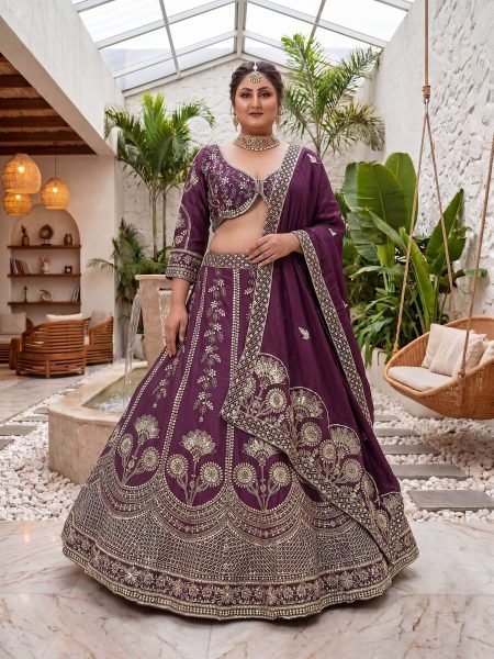 Flawless Wine Chinon Silk Plus Size Lehenga Choli with Zari Sequins Embroidery 