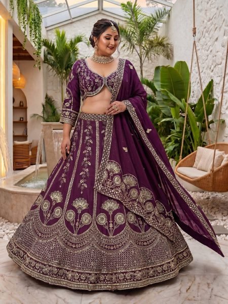 Flawless Wine Chinon Silk Plus Size Lehenga Choli with Zari Sequins Embroidery Bridal Lehenga Choli