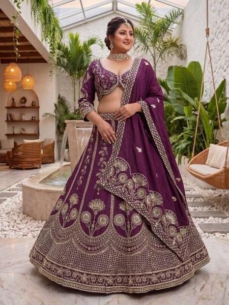 Flawless Wine Chinon Silk Plus Size Lehenga Choli with Zari Sequins Embroidery Bridal Lehenga Choli