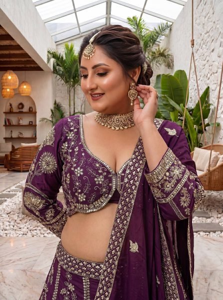 Flawless Wine Chinon Silk Plus Size Lehenga Choli with Zari Sequins Embroidery Bridal Lehenga Choli