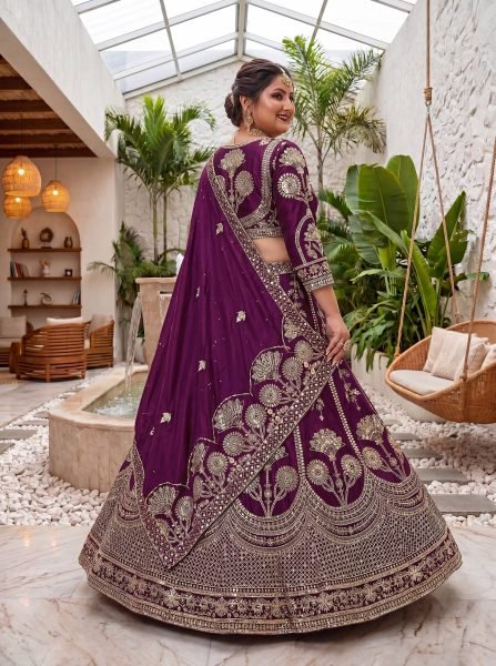 Flawless Wine Chinon Silk Plus Size Lehenga Choli with Zari Sequins Embroidery Bridal Lehenga Choli