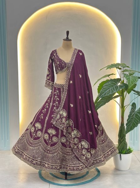 Flawless Wine Chinon Silk Plus Size Lehenga Choli with Zari Sequins Embroidery Bridal Lehenga Choli
