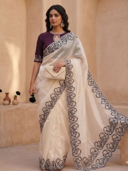Flawless Wine Crunchy Silk Saree with Embroidery and Cutwork Border at Wholesale Rate Sarees 