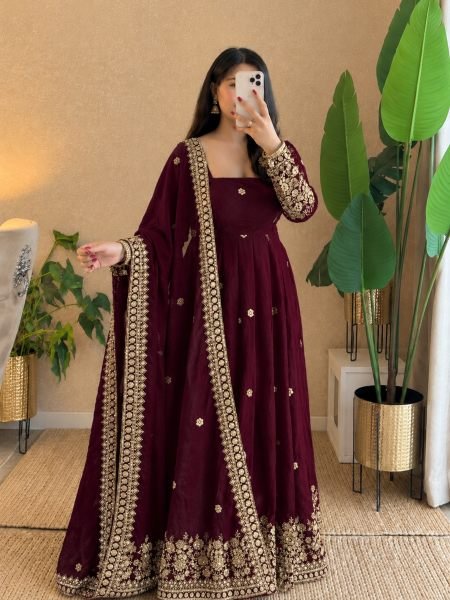 Flawless Wine Fully Stitched Fendy Silk Gown Pant Dupatta Set for Wedding 
