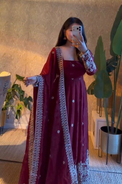 Flawless Wine Fully Stitched Fendy Silk Gown Pant Dupatta Set for Wedding Ready To Wear Collection
