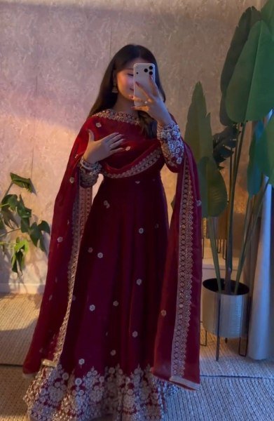 Flawless Wine Fully Stitched Fendy Silk Gown Pant Dupatta Set for Wedding Ready To Wear Collection