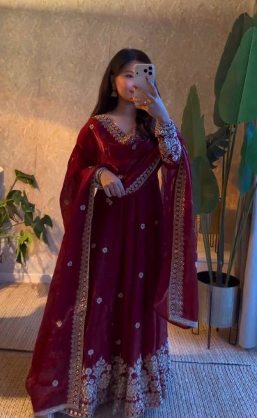 Flawless Wine Fully Stitched Fendy Silk Gown Pant Dupatta Set for Wedding Ready To Wear Collection
